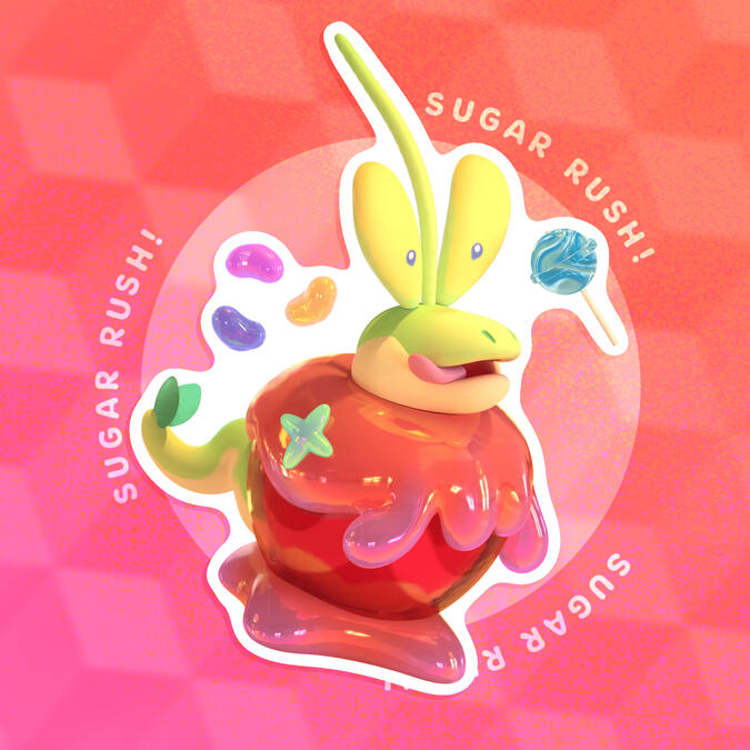 Dipplin Sugar Rush! This is a sticker design I made for the PokéPlanner project. I loved experimenting with Womp's crazy materials!